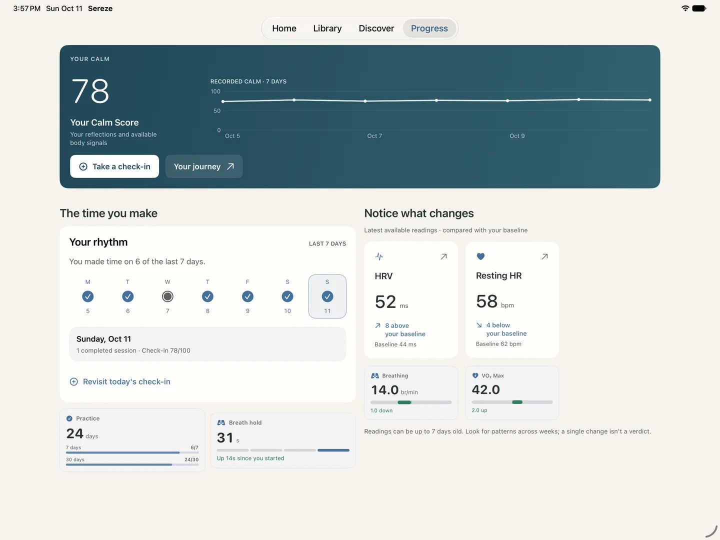 Native iPad progress screen with personal baselines, HRV, resting heart rate and check-in history