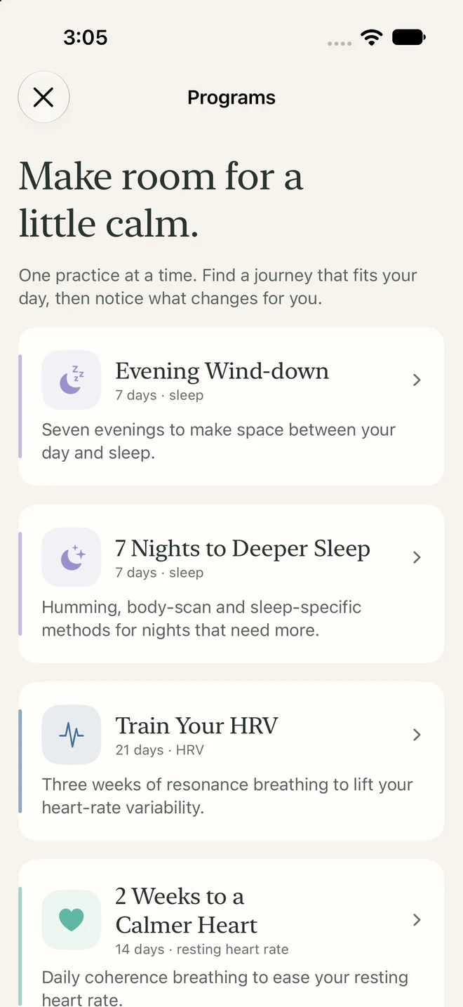 Sereze’s guided program library, including Evening Wind-down